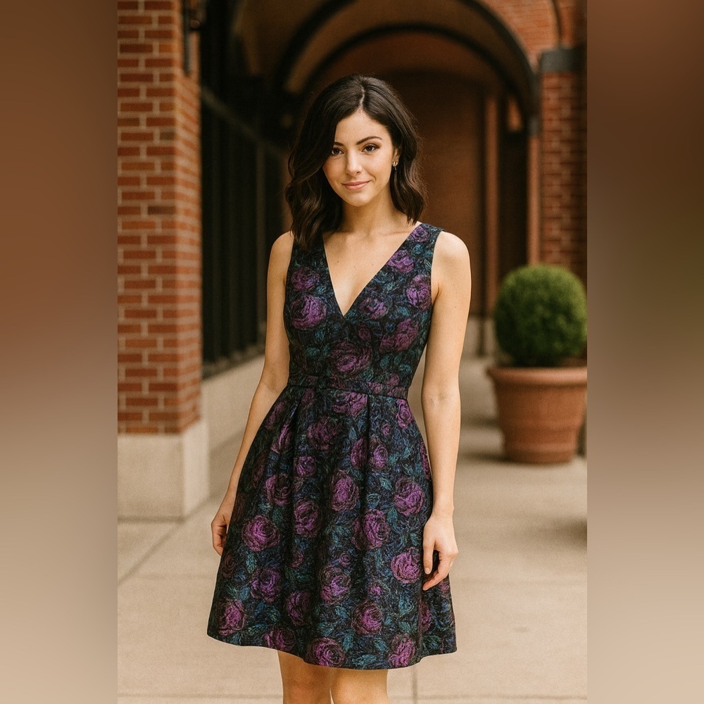 New‎ Nicole Miller Purple Floral Shimmer Textured Dress - Picture 6 of 6